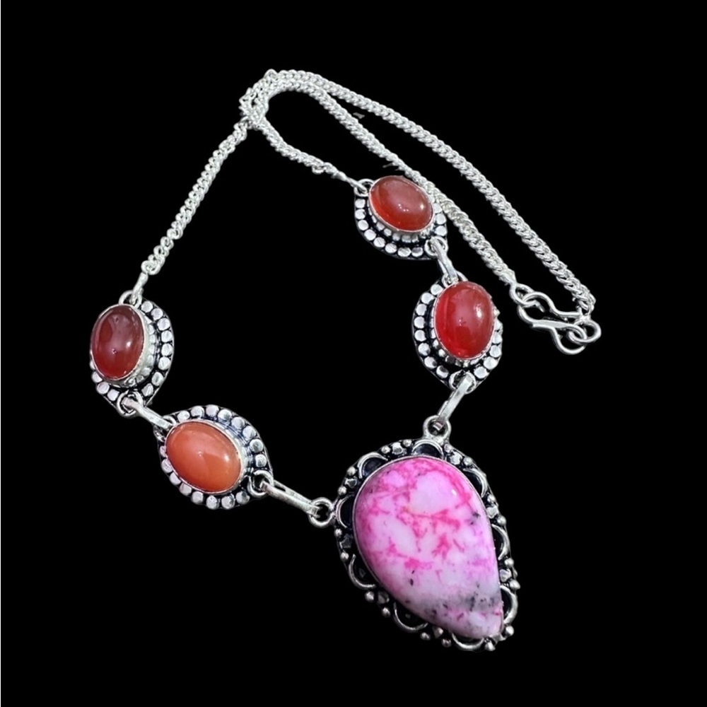 Handcrafted Agate Artisan Jewelry Pink and Red Stone Teardrop Pendant Necklace
